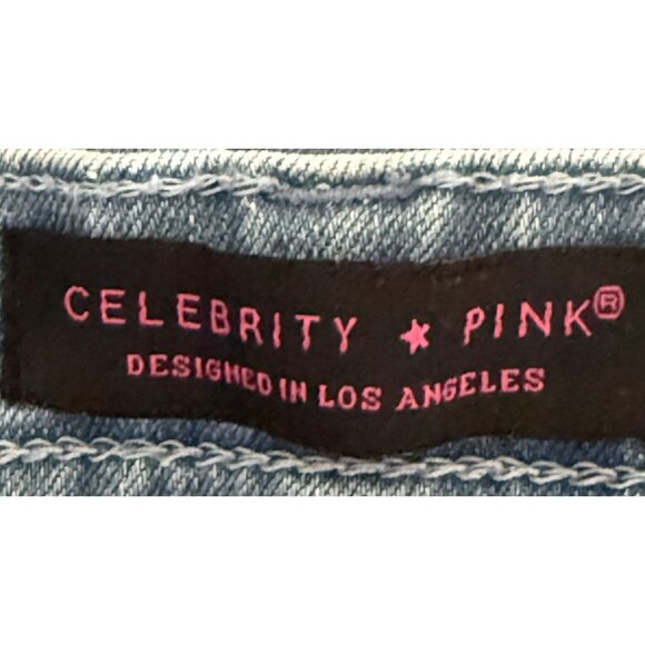 Celebrity Pink Light Wash Distressed Denim Overall Shorts Large Rolled Hem - Picture 5 of 8